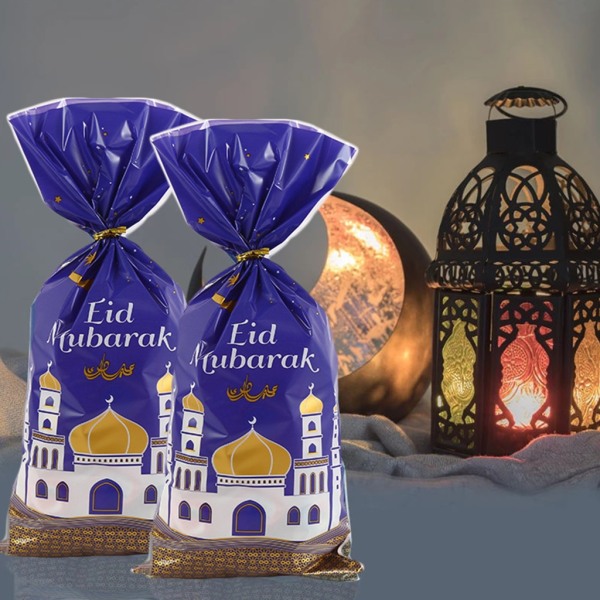 50/100 st Eid Mubarak presentpåsar med rep Presentförpackningspåse Tillbehör för förvaringspåse för godisdessertkex 100pcs