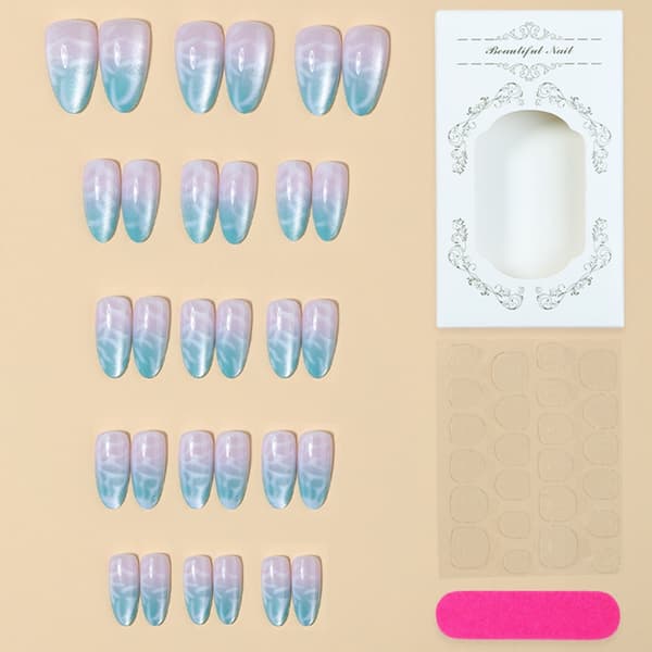 Falskt manikyrsett med mandelform og blå glans for daglig bruk