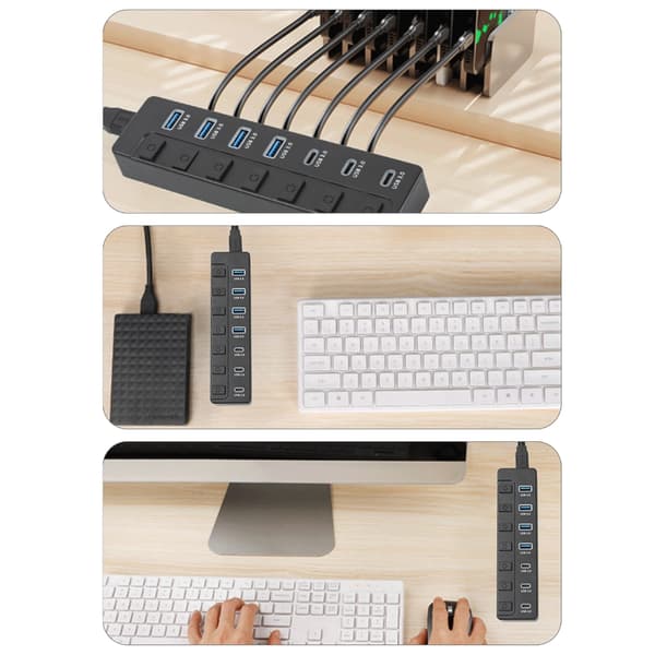 Snabb 5 Gbps USB C-adapter 7 Portar 4 USB3.0 3 Typ C med Strömbrytare