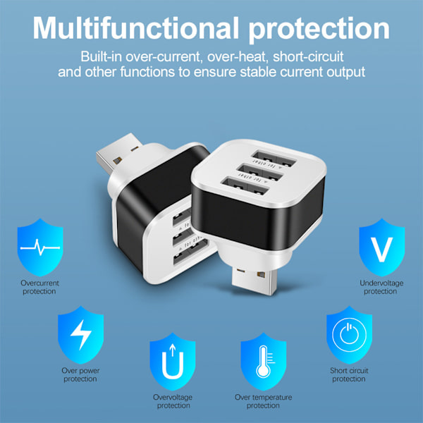 Ny USB 2.0 Dock Extender 3-ports Extended USB Splitter Hub Miniladdare Multifunktionell för skydd Svart/Gyllene Black