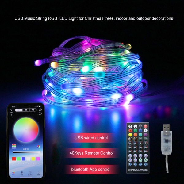 USB Musik LED-ljusslinga Bluetooth-kompatibel RGB Vattentät DIY FairyLamp med 40 tangenter fjärrkontroll 2M-20M 10 m