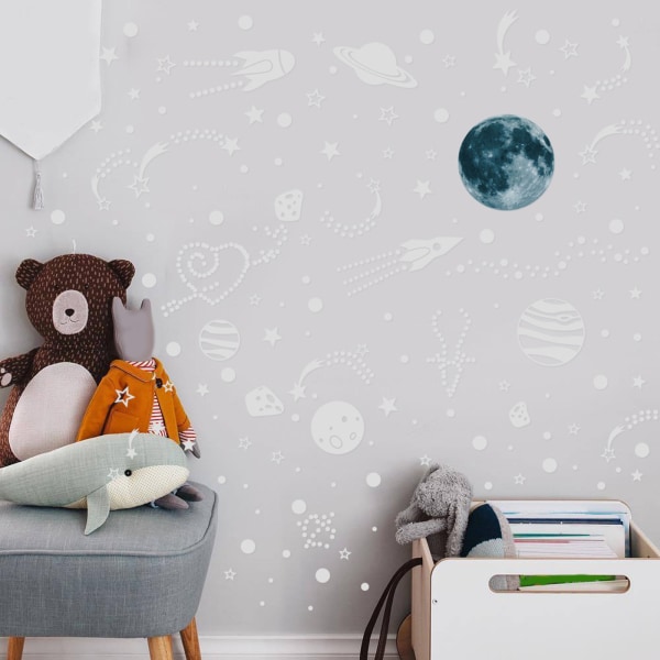 Luminous Moon Star Space Rocket Wallpaper Självhäftande Dekal Barn Present Blue light B