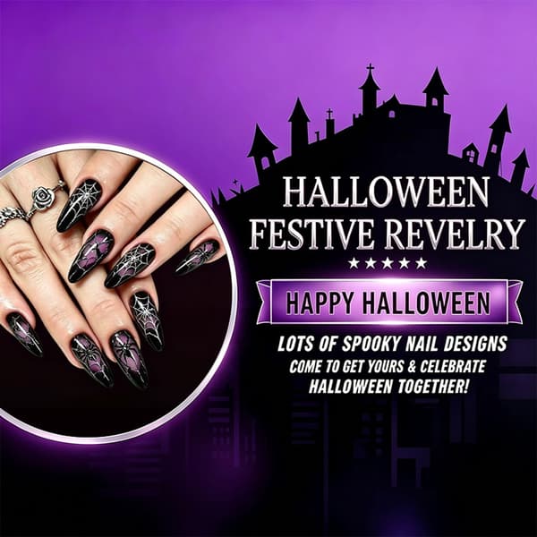 Lang Halloween Press On Manicure Sort Lilla Feststil Sæt
