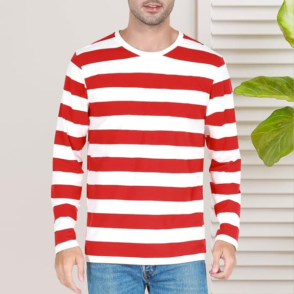 Stribet langærmet T-shirt med rund hals til mænd, basic afslappet top Red 2XL