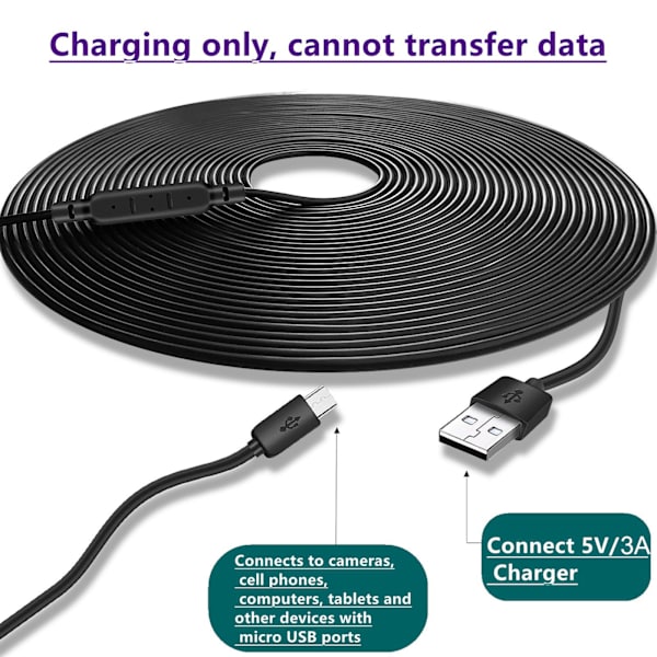 Superlång USB till Micro USB Laddningskabel för Termometer/Kamera Lång Slitstark Laddare Ledning Spänningsförstärkare 15 meter