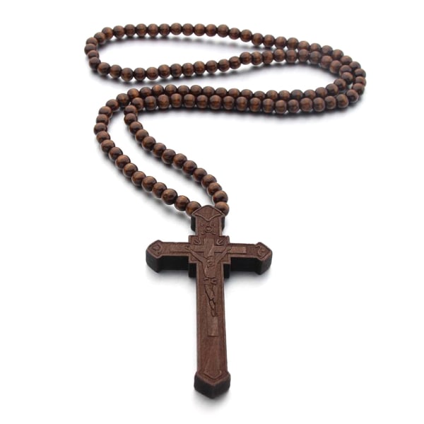 Catholic for Cross Halsband Träpärlor Rosenkrans Religiös Jesus snidade smycken C Black