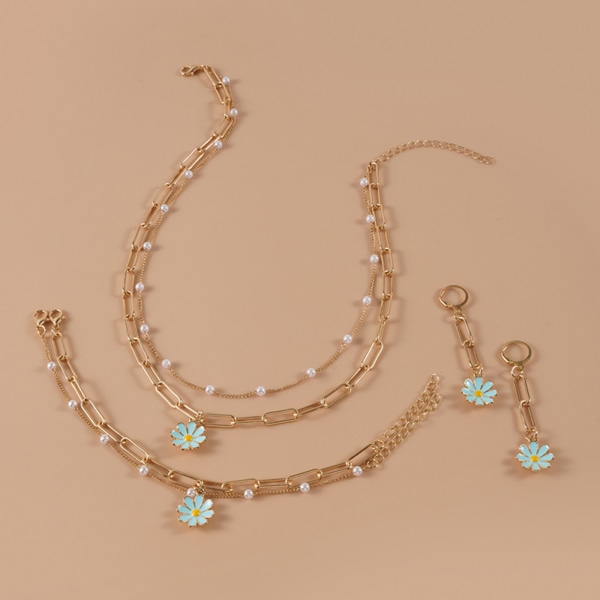 Daisy Sunflower Halsband Armband Örhänge Set Sunflower Boho Long Drop Handgjorda hängsmycke Halsband Choker för kvinnor Tjej Sapphire