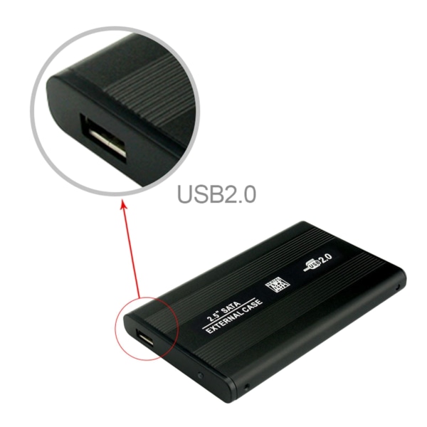 Aluminiumlegering 2,5 tum HDD- case USB2.0 till SATA-hårddiskhölje Adapter för 2,5-tums HDD SSD- case Black