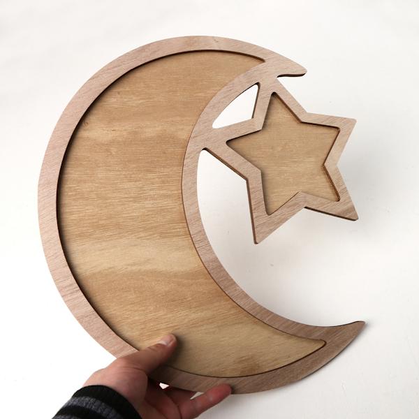 Rustik Trä Crescent Moon Srar Eid Ramadan Fest Mat Servering Bestick Desser