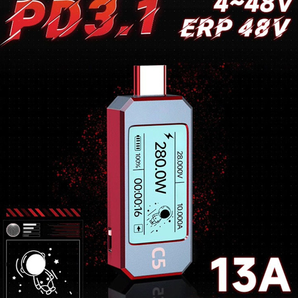 Avanceret USB Type C Strømmåler Multimeter med IPS LCD-skærm til PD3.1
