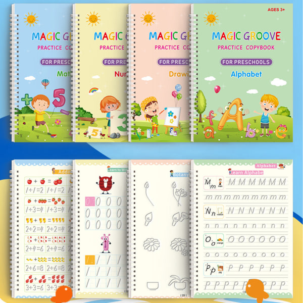 Barn Handskrift Kopieringsbok Set Antal Alfabet Bokstav Skrivövning Arbetsbok Återanvändbara magic kopior med penna