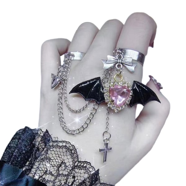 Gothic Black Bat Wing Cross Chain Rings Hip-Hop Heart Zircon Cross Pendant Ring Goth Dark Insect Double Finger Rings null - 2