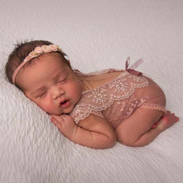 Baby Spets Romper Pannband Set Nyfödd Fotografi Prop Bodysuit Blomma hårband