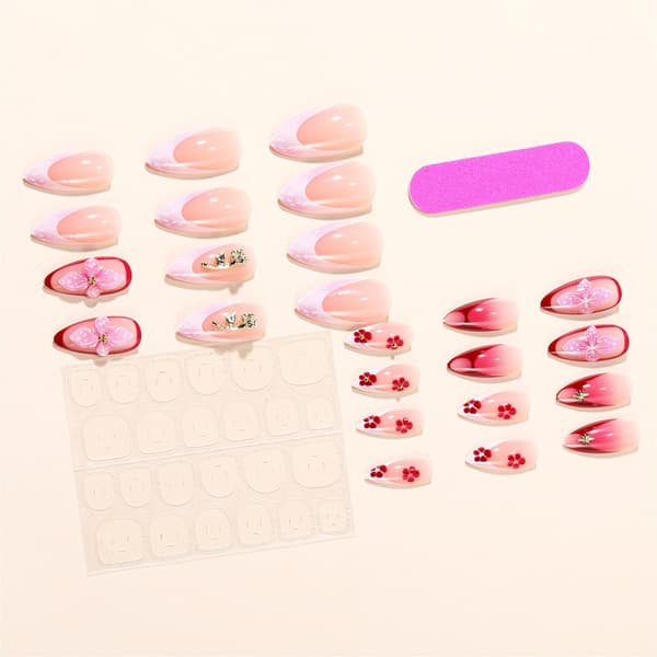 Pink Gradient 3D Gel Blomst Falsk Negl Mandelform ABS Kunstig Negl