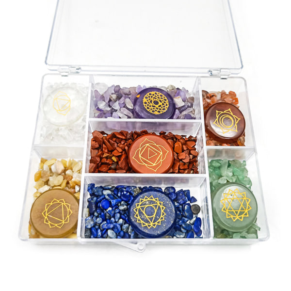 7 Chakra Sten Reiki Balanserande Tumble Chip Kristall Healing Reiki Wicca Stones Exemplar Boxed Kit Polerad Graverad null - A