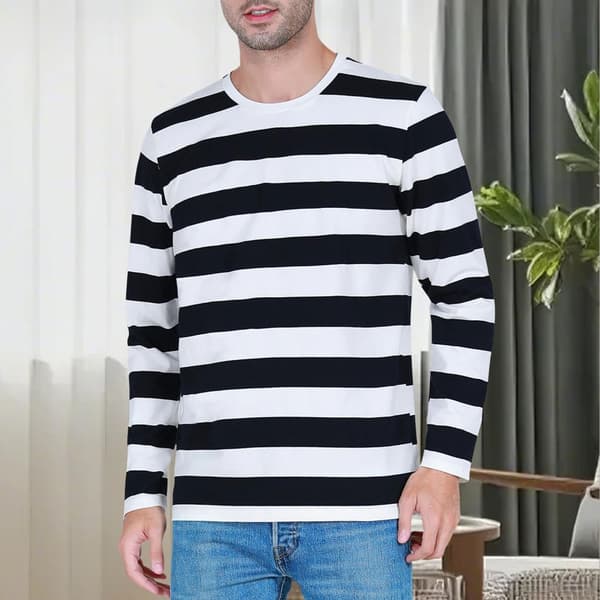 Stribet langærmet T-shirt med rund hals til mænd, basic afslappet top White L