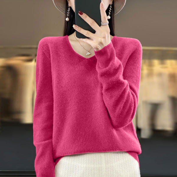 Dam V-ringad stickad tröja Casual lös långärmad pullover Jumper Toppar Raspberry red M