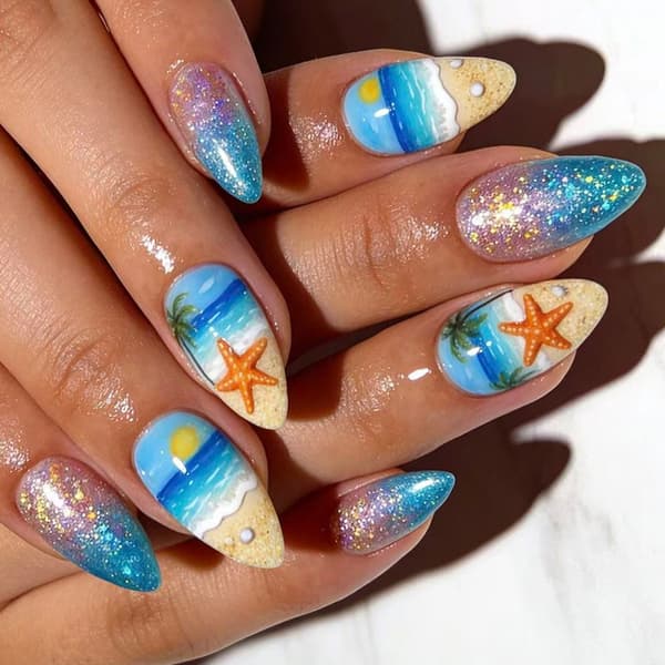 Sommer Press On Manicure Sæt, Gradient Ocean Art Mandel 24 Stykker