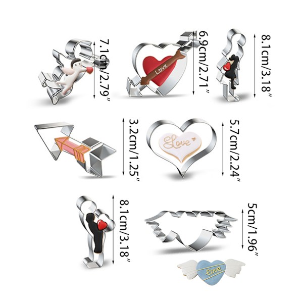 7 kpl piparimuottisarja, Valentine's Day -sarja, ruostumaton teräs