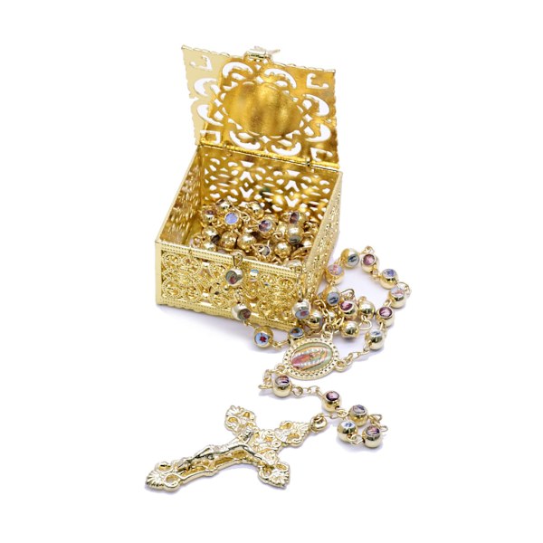 Rosenkrans Pärlor Box med lock Försegling Organizer Behållare Religiösa halsband för hemkyrkan Meditation Hängande Charm Gold
