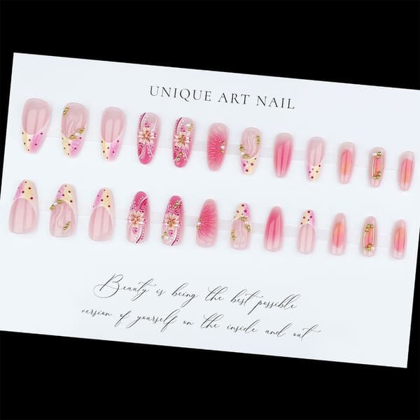 1 set lyxiga rosa gradient lösnaglar med 3D gulblomma och strass