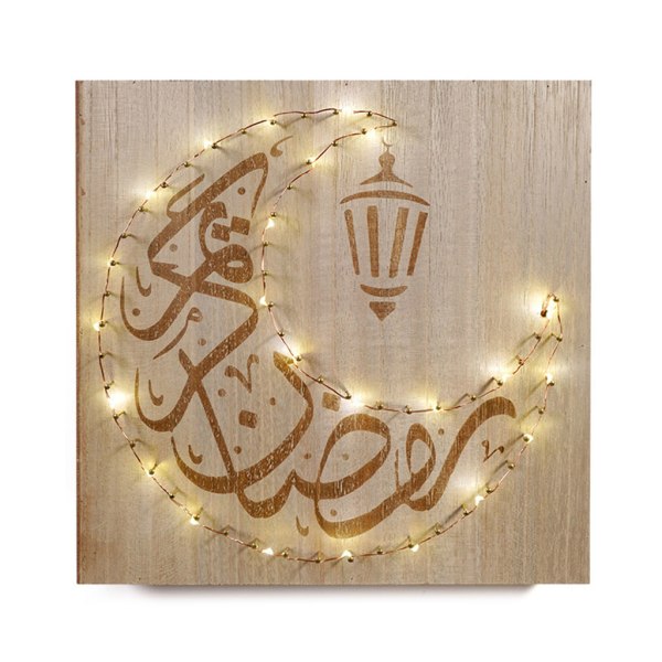 DIY Trä Eid Mubarak Moon LED-ljusslinga Träplakett hängande hängsmycke Ramadan