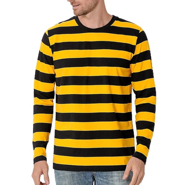 Stribet langærmet T-shirt med rund hals til mænd, basic afslappet top Multi L