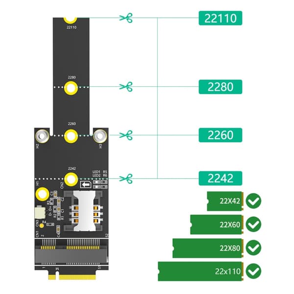 M.2 NGFF M Key - Mini PCIe -sovitinkortti 2242 2260 2280 221100 kiintolevy