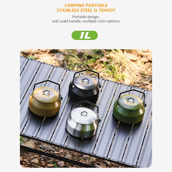 Camping vattenkokare, 1L Camp te Kaffekanna rostfritt stål Utomhus vandring vattenkokare Lätt slitstark camping te vattenkokare Black