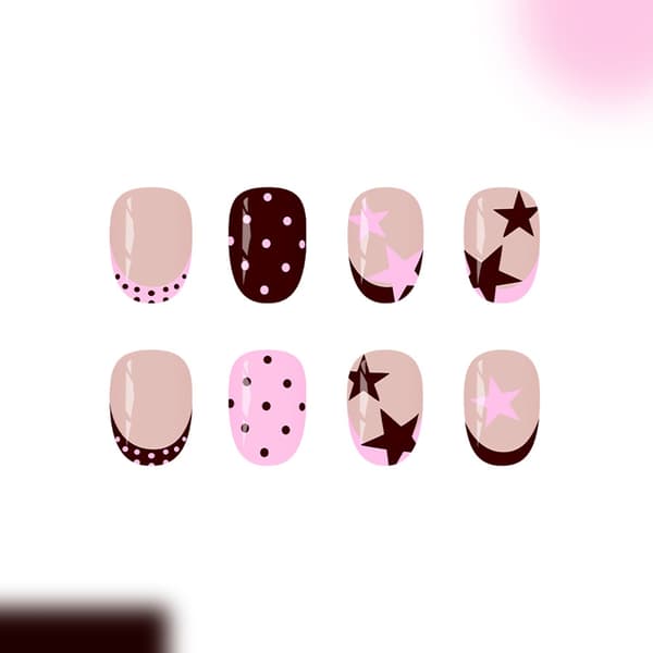 Press On Beauty Sæt, Stjerne og Prik Pink Brun Manicure Stykker til Hjemmebrug