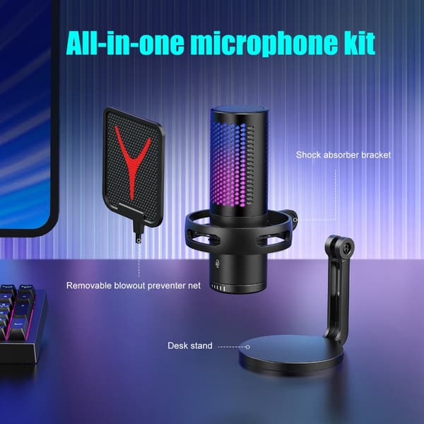 Sort USB-mikrofon med støjreduktion for klar lyd ved streaming og gaming