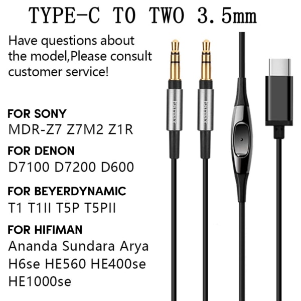 Kvalitetsheadsetkabel för MDRZ7 Z1R D7100 D7200 HE560 hörlurssladd med mikrofon typ C till dubbel 3,5 mm kontakt 120 cm