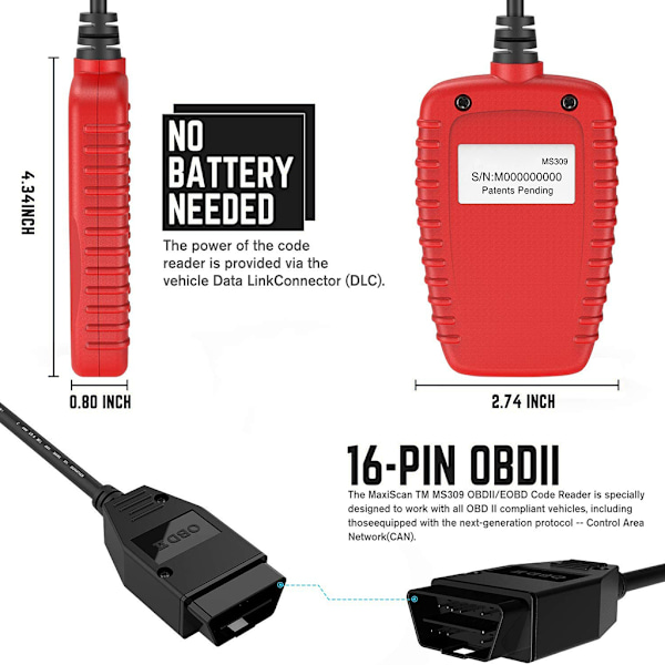 MS309 OBD2 OBDII Scanner Portabel Bilkodläsare Diagnostikverktyg Testare