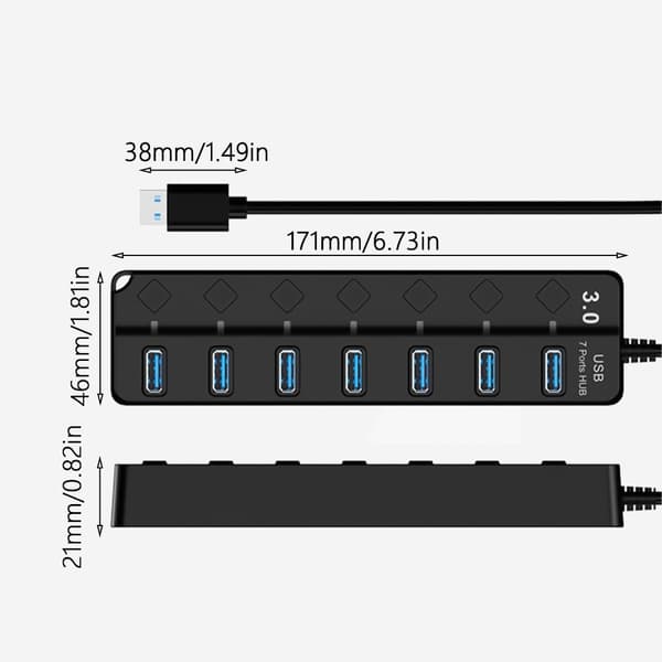 Rask USB 3.0 Adapter Splitter med 7 porter, separate strømkontroller