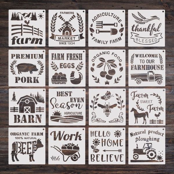 16 st Farmhouse mallar Konstritning Stencil för barn Måla kort göra DIY Scrapbooking Etikettkort Möbeldekoration