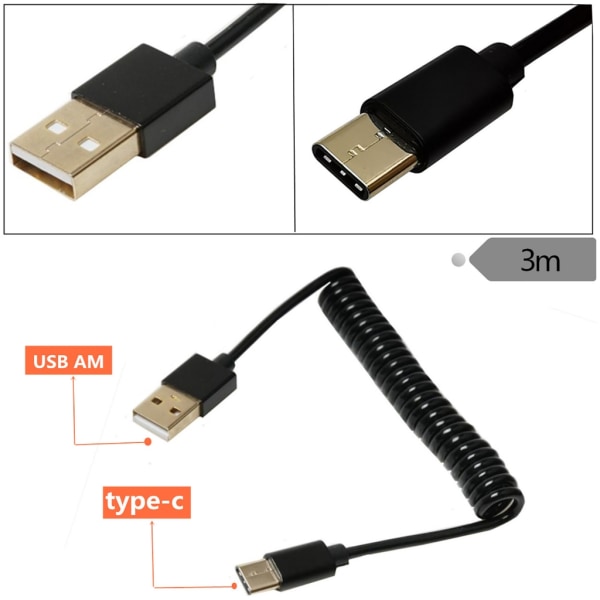 USB 3.1 Typ-C hane till USB 2.0 hane spiraler spiraladapter Kabel fjäder Teleskopisk förlängningstråd för datasynkladdare 300CM