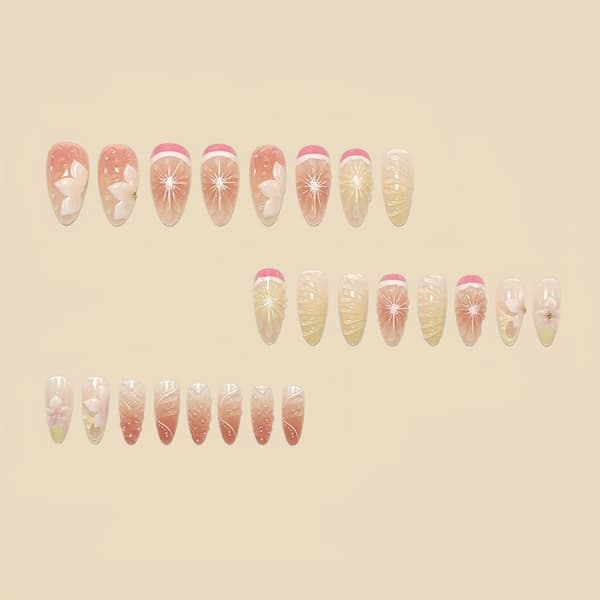 Dekorativ Press On Manicure med 3D Blomster Pink Gradient Stil