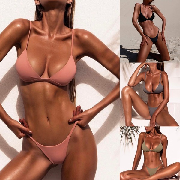 Sommar sexiga kvinnor Push Up Bikini Set Enfärgad Spaghetti Straps Baddräkt  Pink L d989, Pink, L