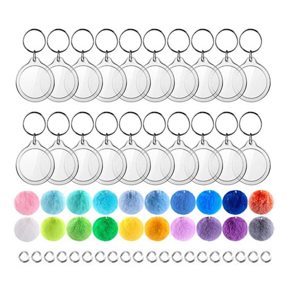 20 sæt nøglering akryl blank nøglering pomponer sæt inkluderer transparente akryl nøglering blanks til nøgleringe