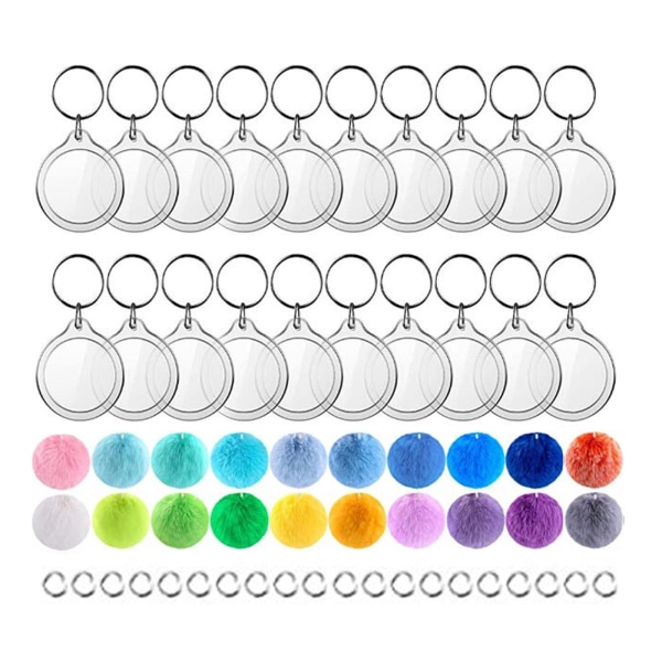 20 Sett med Akryl Blank Nøkkelring Pompomsett Inkluderer Transparente Akryl Nøkkelringemner for Nøkkelringer