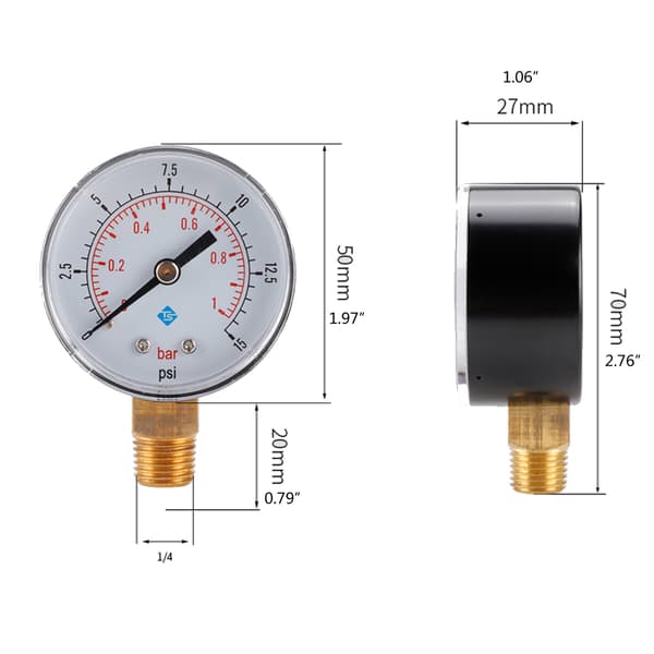 Trykmåler 0-15psi/0-1bar BSPT 1/4\" BSPT Gevind Mini Lavtryksmåler