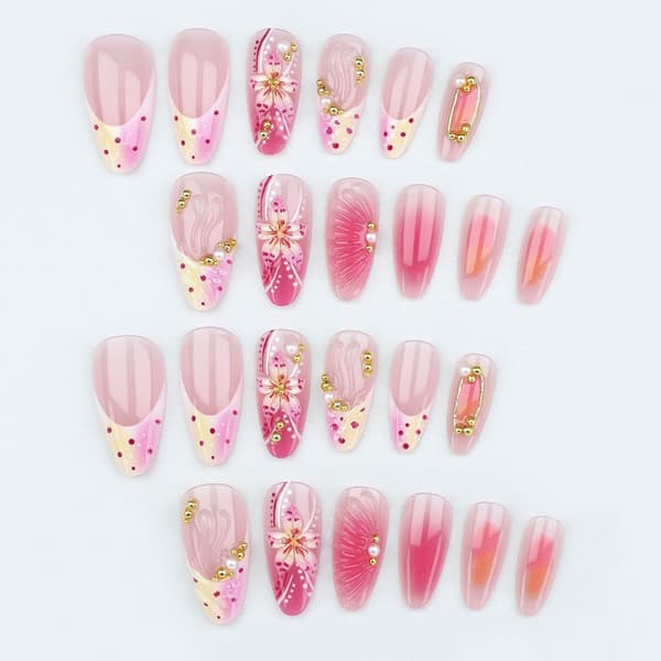 1 set lyxiga rosa gradient lösnaglar med 3D gulblomma och strass
