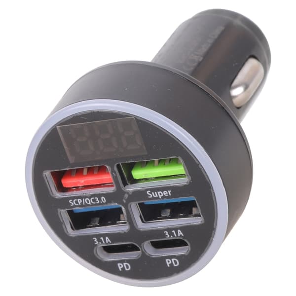 Pladsbesparende bilopladningsadapter med 4 USB-porte og digital strømvisning