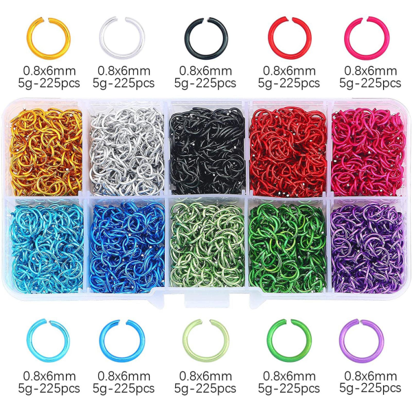 2250 st 10 färger Hoppringar Öppna Aluminium Hoppringar 6mm Ringar Anslutningar för DIY Craft Örhängen Halsbandstillverkning