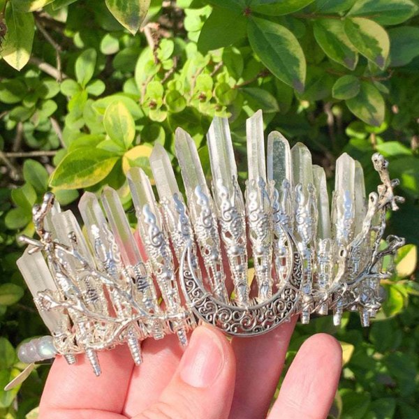 Kristallpannband Vit Natural för råstenshårtillbehör med grenar Halvmåne Boho-stil Quartz Tiara Crown för onsdag