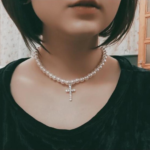 Rund imitation pärlor kedja halsband Vintage konstgjord diamant för kors hänge halsband bröllop vit pärl halsband