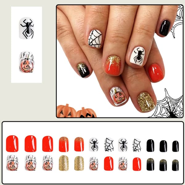 Halloween-design tekokynnet kurpitsan oransseilla kimalteilla ja aavemaisilla kuvioilla