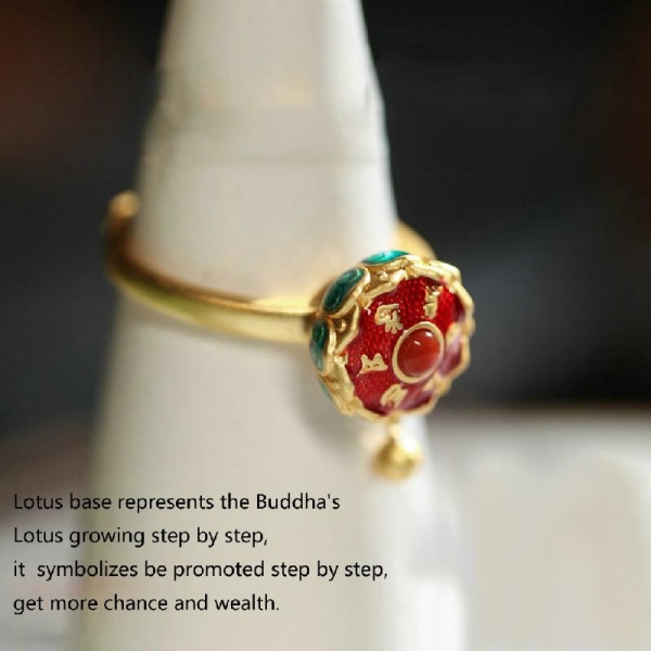 Buddhism Lotus Rings Open Justerbar OM Mantra Finger Ring Buddhism Lotus Rings Tibetansk Bön Hjul Ring för Kvinnor Män