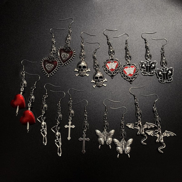 9x Goth Mysterious Drop Earring Smycken Rose Heart för Butterfly Bat Skull for Cross Hänge Charm Vintage Örhänge för W