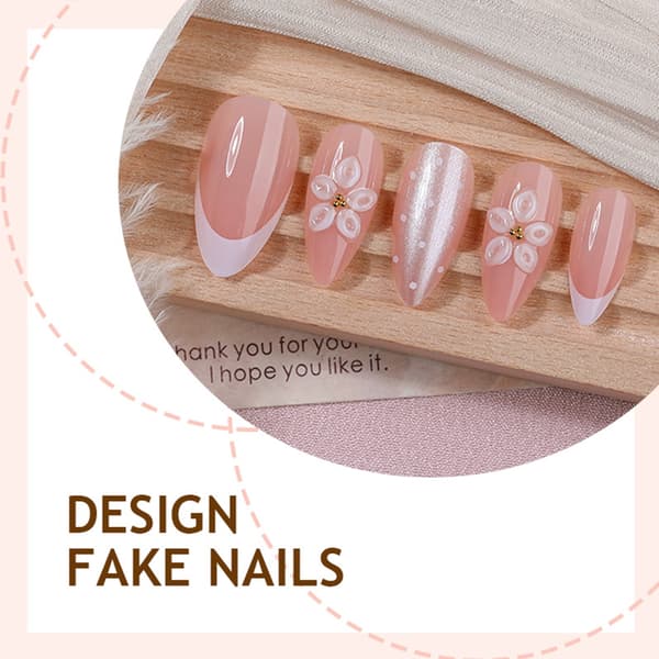 24 stk. bløde lyserøde press-on-manicure med blomsterfransk perleaccent